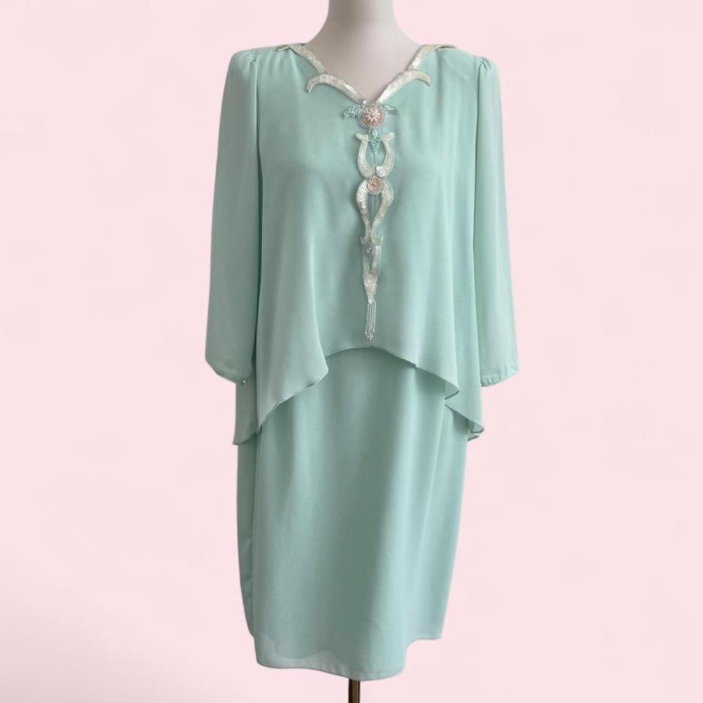 Vintage Ursula sage green chiffon dress with beaded front detail 12 petite‎